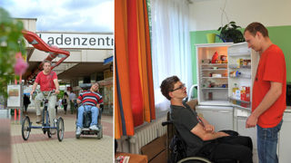Zwei Männer in der Ladenstraße im Olympiadorf- Zwei Männer in der AWG vorm offenen Kühlschrank