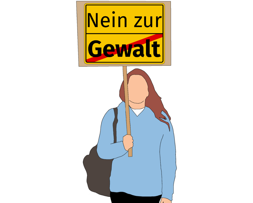 Grafik: Frau mit Schild Nein zur Gewalt. Gewalt ist durchgestrichen
