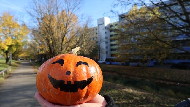Halloween-Kürbis in Hand vor Gebäude der Pfennigparade