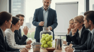 Mehrere Personen sitzen um Tisch herum. Glas mit Tennisbällen steht darauf