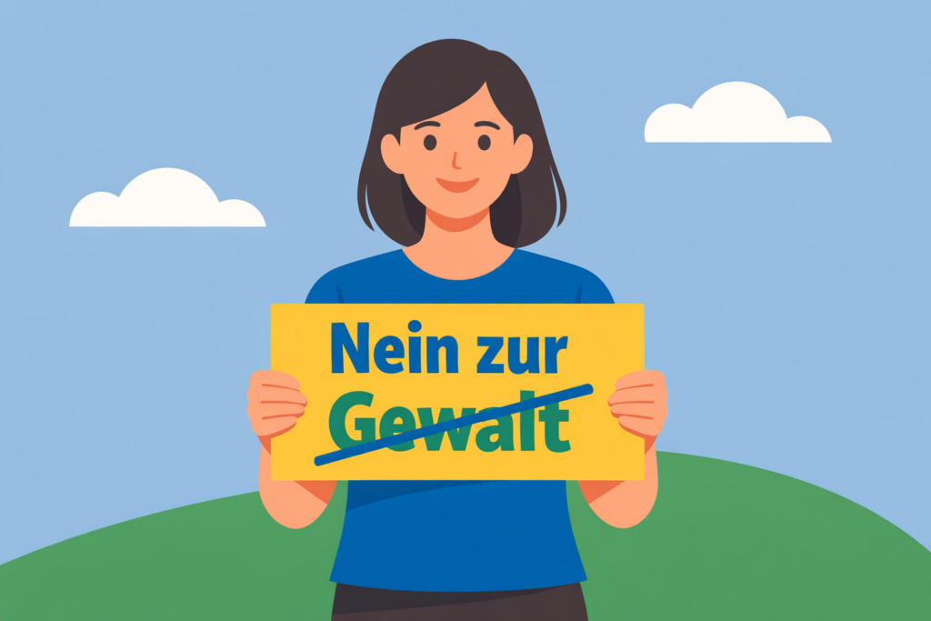 Frau hält Schild in den Händen Text: Nein zu Gewalt. Gewalt ist durchgestrichen