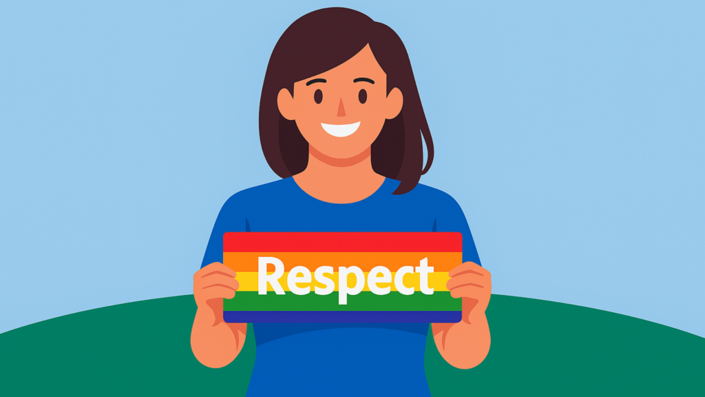 Frau hält buntes Schild in den Händen Text: Respect
